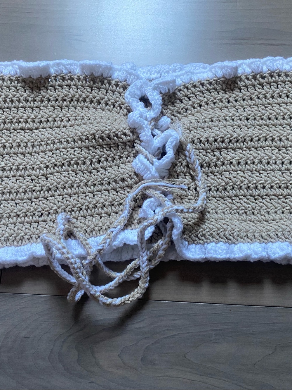 Beige and White Crochet Lace-Up Crop Top